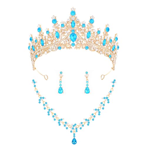 Crystal Crown and Tiara Jewelry Set for Women Bride with Necklace Earrings | Metal Rhinestone Royal Queen Princess Jewelry Set Wedding Quinceanera Pageant Prom Birthday Halloween Party Costume Gift - color: Style E-Light Blue