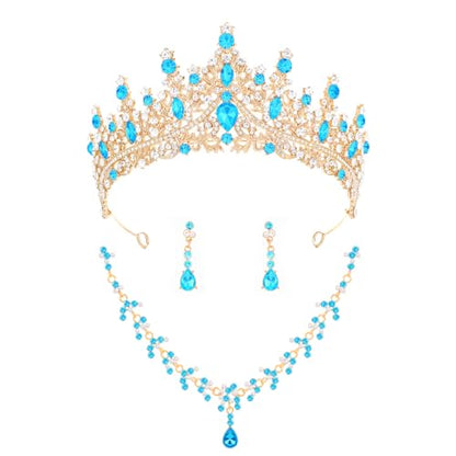 Crystal Crown and Tiara Jewelry Set for Women Bride with Necklace Earrings | Metal Rhinestone Royal Queen Princess Jewelry Set Wedding Quinceanera Pageant Prom Birthday Halloween Party Costume Gift - color: Style E-Light Blue