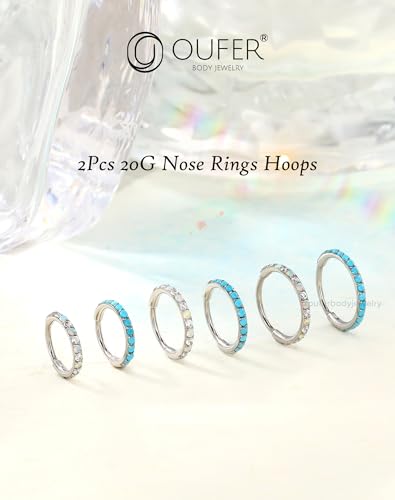 OUFER Turquoise CZ Opal Nose Rings for Women, 316L Surgical Steel 6MM Nose Rings Hoops, Silver Hinged Segment Septum Lip Eyebrow Cartilage Conch Rook Helix Tragus Daith Piercing Jewelry-6/7/8MM - color: Silver, Turqoise and Opal