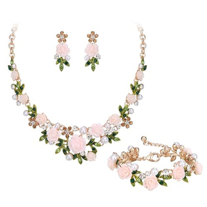 EVER FAITH Costume Jewelry Crystal Simulated Pearl Rose Flower Leaf Prom Party Statement Necklace Earrings Bracelet Set for Women - color: Light Pink Gold-Tone
