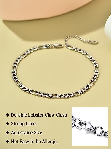FaithHeart Waterproof Ankle Bracelets for Women, 1/2/3Pcs Non Tarnish Stainless Steel Layered Anklet Set Paperclip Figaro Cuban Link Chain Dainty Summer Beach Jewelry Gift Adjustable Size - style: g.Figaro - Silver