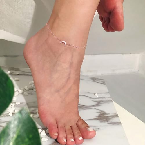 ChicSilver Personalized 925 Sterling Silver Tiny Heart/Moon/Star/Sun/Dot/Triangle Anklets Simple Dainty Foot Jewelry for Women, Silver/Gold Plated/Rose Gold Plated - style: Rose Gold Moon