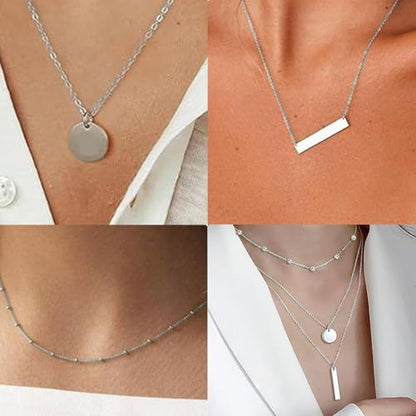 Layered Necklace Pendant Handmade Dainty Choker Bar Layering Long Necklace for Women(Silver) - color: Silver