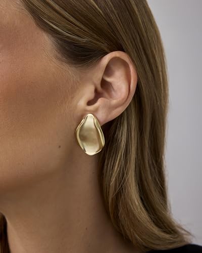 PAVOI 14K Gold Plated Sterling Silver Posts Chunky Vintage Organic Hammered Brushed and Textured Geometric Earrings for Women | Statement Earring Pair - style: Brushed