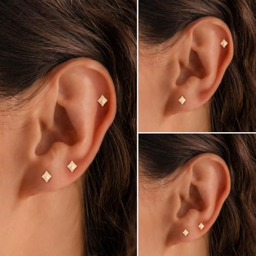 Flat Back Earrings for Women Cartilage Helix | Comfortable Dainty Cute Dragon Bee Bird Phoenix Dragonfly Cute Animal Leaf Spiral Rhombus Design Flatback Stud Earrings - color: gold rhombus