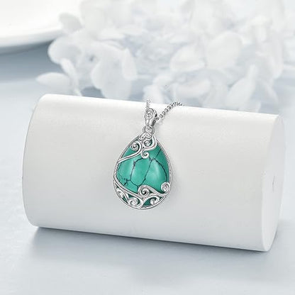 YAFEINI 925 Sterling Silver Moonstone Necklace Filigree Teardrop Pendant Necklace Jewelry for Women Girls - color: Q-Turquoise