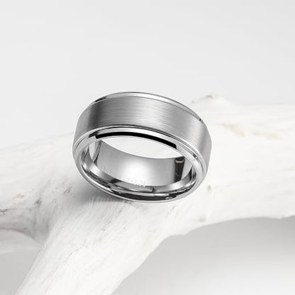 King Will Classic Tungsten Wedding Band for Men, 6/7/8/9/10mm Widths, Polished Finish Step Edge Matte Rings Comfort Fit - color: A-silver 8mm-New