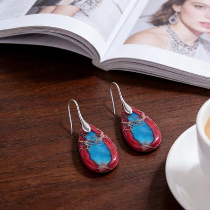 Boho Natural Imperial Jasper Teardrop Dangle Earrings for Women – Hypoallergenic French Hook Stone Drop Earrings Jewelry - color: Red Silvery Hook #2