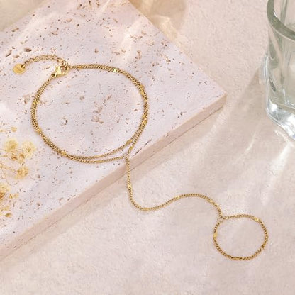Hand Chain Bracelet Stainless Steel Gold Handchain Bracelets | Non Tarnish Handchain Bracelet for Women Summer Essentials Gold Link Bracelet Beach Waterproof Jewelry - color: Gold Double Layer