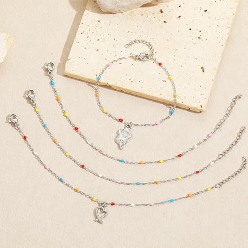 6 PCS Enamel Beaded Chains Bracelet Stainless Steel Link Bracelets | 6.7"+1.18", With Extender Chain, Fashion Jewelry Set, Gift For Women, Colorful, No Fade - color: Colorful Silver