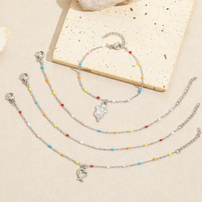 6 PCS Enamel Beaded Chains Bracelet Stainless Steel Link Bracelets | 6.7"+1.18", With Extender Chain, Fashion Jewelry Set, Gift For Women, Colorful, No Fade - color: Colorful Silver
