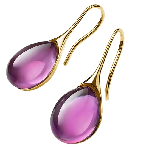 Silver Gold Plated Water Drop Style Crystal Stone Classic Plain Dangle Hoop Earrings - color: Gold Purple