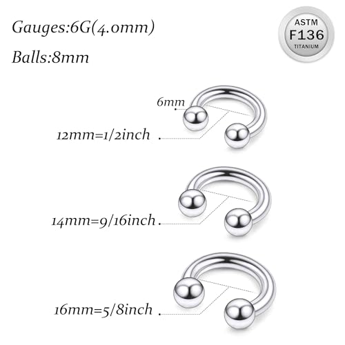 Ruifan 20G 18G 16G 14G 12G 8G 6G 4G 2G Horseshoe Nose Ring Titanium Septum Rings Piercing Jewelry Internally Threaded Gauges Cartilage Conch Helix Rook Lip Tragus Earring Hoop Eyebrow For Women Men - size: Ball: 6G - 12MM