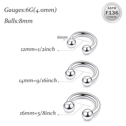 Ruifan 20G 18G 16G 14G 12G 8G 6G 4G 2G Horseshoe Nose Ring Titanium Septum Rings Piercing Jewelry Internally Threaded Gauges Cartilage Conch Helix Rook Lip Tragus Earring Hoop Eyebrow For Women Men - size: Ball: 6G - 12MM