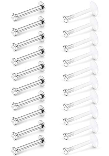 SCERRING 16G Lip Rings 6mm 8mm 10mm Acrylic & Stainless Steel Labret Monroe Lip Ring Tragus Rook Helix Earring Stud Piercing Jewelry with 2mm CZ 20-40PCS - style: 20PCS - 8mm w Clear CZ
