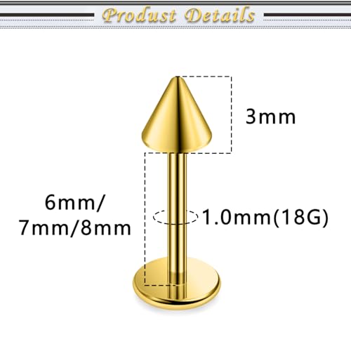 Internally Threaded Labret Studs 18G 16G 14G Surgical Steel Lip Piercing Jewelry with Claw Tool Monroe Snake Bite Jewelry Flat Back Barbell for Women Men Plus Piercing Ball Grabber Tool - color: goldtone, size: 18g,spike end