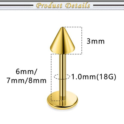 Internally Threaded Labret Studs 18G 16G 14G Surgical Steel Lip Piercing Jewelry with Claw Tool Monroe Snake Bite Jewelry Flat Back Barbell for Women Men Plus Piercing Ball Grabber Tool - color: goldtone, size: 18g,spike end