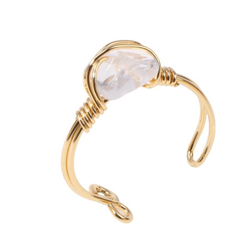 Chakra Crystal Ring Adjustable Gemstone Rings Wire Wrapped Irregular Crystal Ring Gemstone Carnelian Rose Quartz Amethyst Evil Eye Tiger Eyes Crystal Ring for Women - color: White