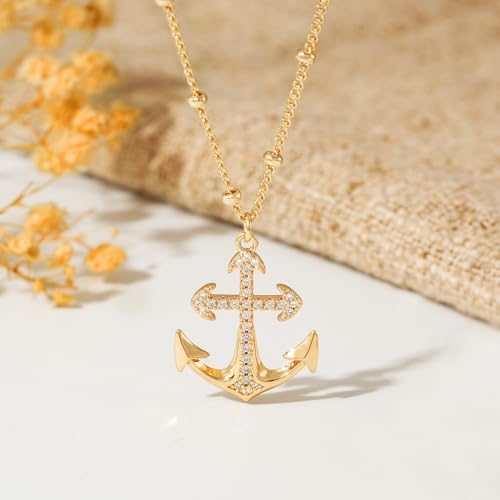 MTMY Gold Starfish Necklace 14K Gold Plated Shell Conch Ocean Pendant Necklace for Women Beach Summer Jewelry - style: CZ anchor