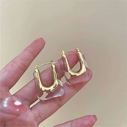 Chunky Clear Retro U Shaped Hoop Minimalist Square Resin Huggie Earrings for Women - color: White