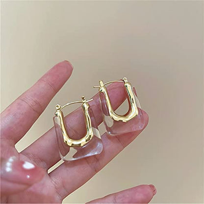 Chunky Clear Retro U Shaped Hoop Minimalist Square Resin Huggie Earrings for Women - color: White