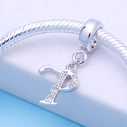 925 Sterling Silver Letter Charms Fits Pandora Bracelets, Gift for Women | A-Z Alphabet Initial Charm with CZ,Great gift for Christmas, Valentine's Day, Mother's Day. - color: P