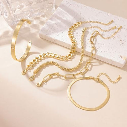 PLOMFOV Gold Bracelets for Women Stack Non Tarnish 14K Gold Plated Chunky Gold Bangles Bracelet Set Beaded Paperclip Chain Cuban Link Dainty Trendy Waterproof Stackable Cuff Bracelets Jewelry Gifts for Women - color: 5Pcs Gold-Cuban Set