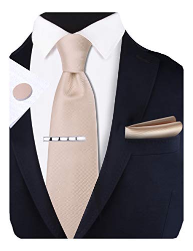 GUSLESON New 3.15"（8cm） Solid Color Necktie and Pocket Square Cufflinks Clip Set - color: Champagne