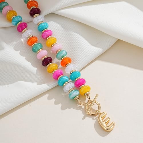 NIKOLUX Colorful Initial Necklaces for Women Chunky Resin Beaded Toggle Necklace 14K Gold Plated A-Z Bubble Letter Pendant Necklace Trendy Summer Beach Handmade Jewelry Gift - color: Colorful-E