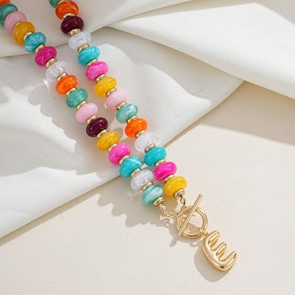 NIKOLUX Colorful Initial Necklaces for Women Chunky Resin Beaded Toggle Necklace 14K Gold Plated A-Z Bubble Letter Pendant Necklace Trendy Summer Beach Handmade Jewelry Gift - color: Colorful-E