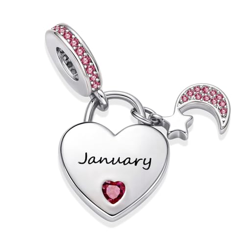 12 Months Birthstone Heart Charm Moon and Star Pendant Bead Compatible with Pandora Bracelet Women - style: January