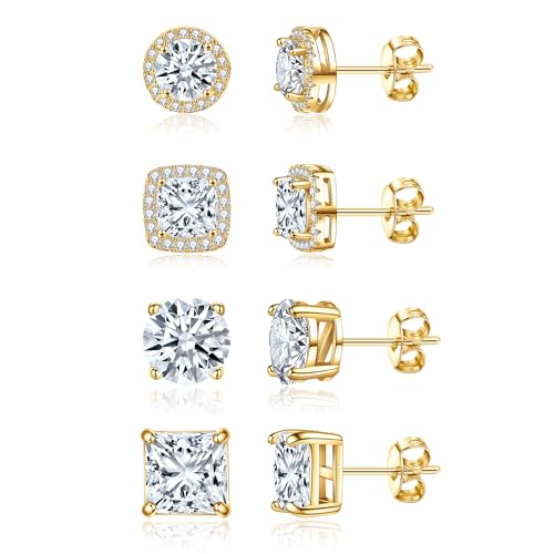 Cubic Zirconia Stud Earrings for Women Men 14K Gold-Plated Halo Stud Earrings Hypoallergenic Earrings CZ Halo Stud Earrings for Sensitive Ears - style: B-GOLDEN