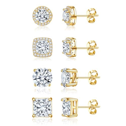 Cubic Zirconia Stud Earrings for Women Men 14K Gold-Plated Halo Stud Earrings Hypoallergenic Earrings CZ Halo Stud Earrings for Sensitive Ears - style: B-GOLDEN