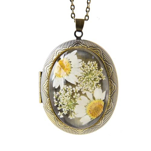 Vintage Photo Locket Necklace Handmade Pressed Flower Locket Necklace for Women - style: White Daisy(1.53"x 1.85")