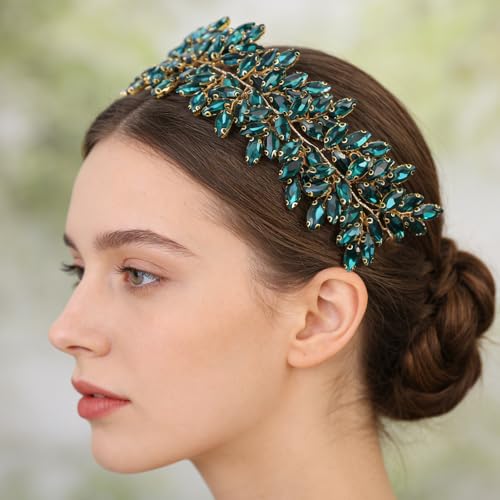 Missgrace Women Silver Green Black Red Blue Handmade Full Crystal Rhinestone Large Headband Hair Vine Shinny Headpiece Bridal Wedding Hair Accessories for Women (Peacock green) - color: Peacock green