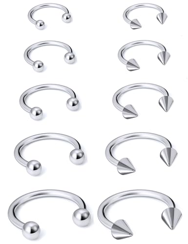 16G Septum Rings Surgical Steel Nose Septum Horseshoe Hoop Earring Eyebrow Tragus Helix Lip Piercing Jewelry Nipple Rings for Women Men 6mm 8mm 10mm 12mm 14mm 16mm - color: silvertone,ball+spike