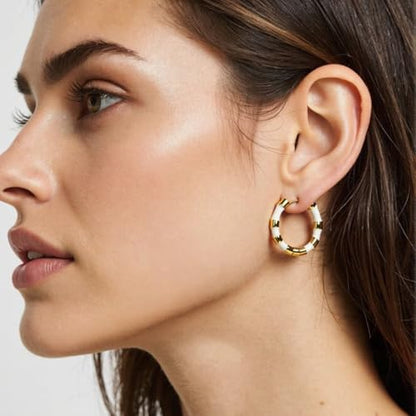 Milan Chiva 14K Gold Plated Small Huggie Dangle Earrings | Lightweight Trendy Heart Dainty Jewelry Hypoallergenic Chunky Gold Hoops Earrings Jewelry Mothers Day Gift for Women - color: E-White