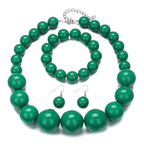 Colorful Round Beaded Earrings Neacklace Set Retro Imitation Pearls Beaded Bracelet Geometric Acrylic Beads Dangle Earrings 70s 80s Exaggerated Necklace Bracelet Jewelry - color: Dark Green