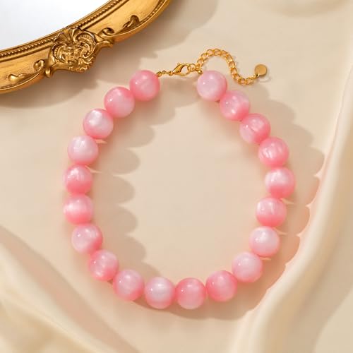 Beaded Necklace for Women Boho Chunky Large Round Beaded Statement Choker Trendy Adjustable Resin Necklaces Summer Beach Jewelry Gifts - color: Light Pink