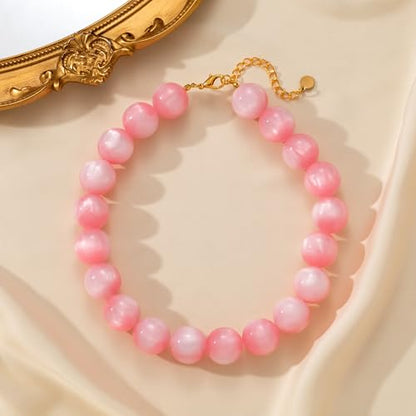 Beaded Necklace for Women Boho Chunky Large Round Beaded Statement Choker Trendy Adjustable Resin Necklaces Summer Beach Jewelry Gifts - color: Light Pink