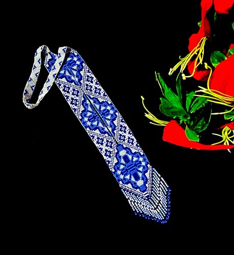 Long Beaded Necklace – Boho Native Handmade Seed Bead Tassel Necklace, Bohemian Large Statement Beaded Necklace for Women - color: Royal Blue White