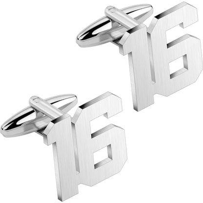 AMITER Mens Cufflinks with Number, Classic Silver Personalized Cuff Links for Men, Sport’s Day Casual or Formal Shirts - style: 16