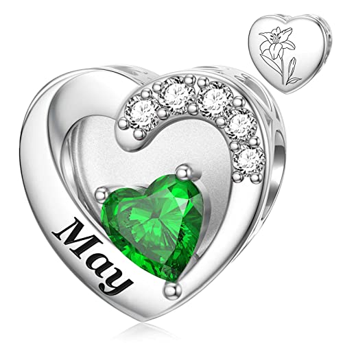 SEVENWELL Jan-Dec Birthstone Charms for Pandora Bracelets, Heart Charm | Fits Most European Charm Bracelets, Sparkling Heart CZ, Birth Flower Engraved, Gift Ready, Nickel-Free - color: May Birthstone Charm