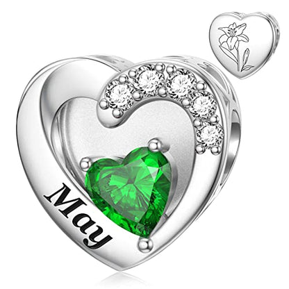 SEVENWELL Jan-Dec Birthstone Charms for Pandora Bracelets, Heart Charm | Fits Most European Charm Bracelets, Sparkling Heart CZ, Birth Flower Engraved, Gift Ready, Nickel-Free - color: May Birthstone Charm