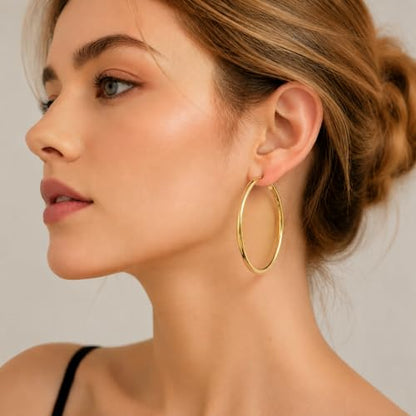 14K Gold Hoop Earrings for Women, Classic Minimalist Medium & Large Gold Hoops, Lightweight Round Hoop Earrings, Available in 35/45/55mm - size: 55MM