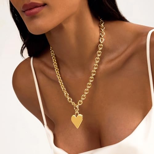 Zeffy 14K Gold/Silver Plated Chunky Thick Chain Toggle Clasp Necklace Dainty Baroque Pearl/Heart/Cross/Turquoise Pendant Necklace - color: Gold Big Heart Necklace