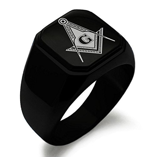 Stainless Steel Signet Biker Rings for Men, Masonic Symbol Square Flat Top (Black, Gold, Silver), Size 7-16 - color: Black - Royal Compass