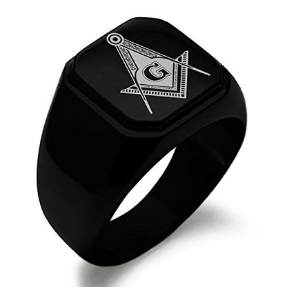 Stainless Steel Signet Biker Rings for Men, Masonic Symbol Square Flat Top (Black, Gold, Silver), Size 7-16 - color: Black - Royal Compass