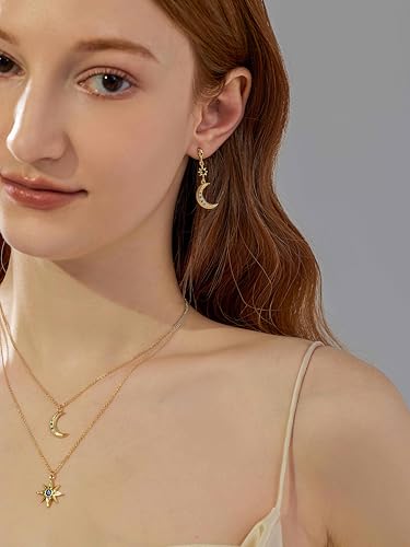 Celestial Star Moon Pendant Necklaces for Women Trendy, 14K Gold Plated Dainty Charm Necklaces with Green Blue Zircon, Gold Pendant Necklace for Wedding & Everyday Wear - style: Moon & Star Layered Necklace