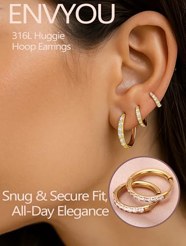 316L Surgical Steel Huggie Hoop Earrings | Dainty Pave Cubic Zirconia Cartilage Tiny Earring for Sensitive Ears Hypoallergenic Lightweight for Women Men - style: Gold Plated,18G*8/10/12mm